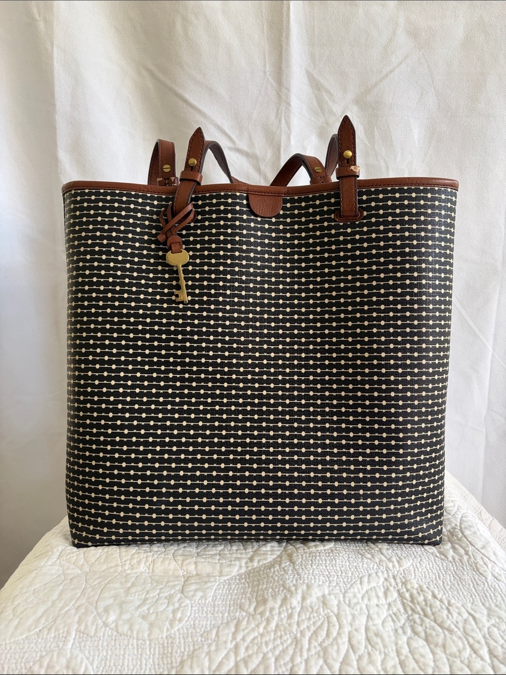 Fossil Black Patterned Tote with Brown Leather Trim
